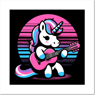 cute unicorn playing guitar Posters and Art